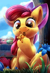 Size: 823x1200 | Tagged: safe, artist:tsitra360, derpibooru import, apple bloom, applejack, earth pony, pony, apple, appletini, basket, cowboy hat, cute, duo, duo female, female, flower, food, fruit, grass, hat, micro, plot, poison joke, sisters, size difference, smiling, stetson, tiny ponies, tree, updated