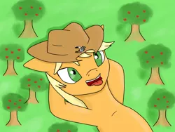 Size: 3264x2448 | Tagged: safe, artist:makershy, derpibooru import, applejack, oc, unnamed oc, pony, apple tree, cowboy hat, feeding, freckles, giant pony, hat, macro, on back, open mouth, stetson, tongue out, tree