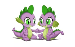 Size: 2560x1600 | Tagged: safe, artist:mysticalpha, derpibooru import, spike, dragon, baby, baby dragon, barb, barbabetes, claws, cute, fangs, female, green eyes, holding hands, looking at each other, male, rule 63, rule63betes, self dragondox, selfcest, shadow, shipping, signature, simple background, sitting, smiling, spikabetes, spikebarb, white background