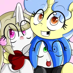 Size: 1500x1500 | Tagged: safe, artist:fullmetalpikmin, derpibooru import, oc, oc:cherry blossom, oc:mal, oc:viewing pleasure, unofficial characters only, earth pony, pony, unicorn, tumblr:ask viewing pleasure, bow, floppy ears, gap teeth, goggles, grin, hair bow, looking at you, pink background, red nosed, simple background, smiling, tissue, tongue out