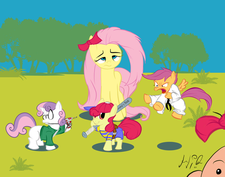 Size: 4200x3300 | Tagged: safe, artist:torcher999, derpibooru import, apple bloom, fluttershy, scootaloo, sweetie belle, earth pony, pegasus, pony, unicorn, absurd resolution, cutie mark crusaders, earthbound, lidded eyes, messy mane, mr. saturn