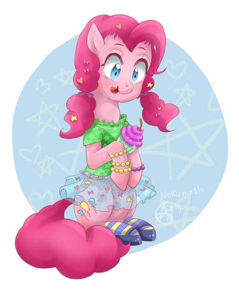 Size: 1808x2204 | Tagged: safe, artist:nekomash, derpibooru import, pinkie pie, alternate hairstyle, clothes, cupcake, cute, food, licking, licking lips, mary janes, pigtails, shoes, skirt, socks, solo, tongue out, twintails