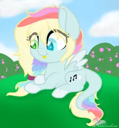 Size: 1024x1103 | Tagged: safe, artist:raspberrystudios, derpibooru import, oc, oc:polar light, unofficial characters only, pegasus, pony, berries, big eyes, bush, chibi, commission, cute, heterochromia, long tail, multicolored hair, scenery, smolpone, solo