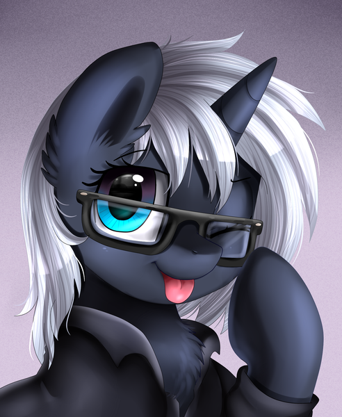 Size: 1446x1764 | Tagged: safe, artist:pridark, derpibooru import, oc, oc:yaasho, unofficial characters only, pony, unicorn, bust, chest fluff, clothes, commission, cute, ear fluff, fluffy, glasses, one eye closed, portrait, raised hoof, solo, tongue out, wink