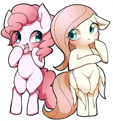 Size: 2027x2175 | Tagged: safe, artist:ccc, derpibooru import, fluttershy, pinkie pie, earth pony, pony, bipedal, cute, diapinkes, shyabetes, simple background, white background