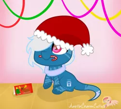 Size: 1024x920 | Tagged: safe, artist:raspberrystudios, derpibooru import, oc, unofficial characters only, pony, big eyes, candy, candy cane, chibi, christmas, christmas card, cute, food, hat, long tail, male, santa hat, sitting, smolpone, solo, stallion, streamers