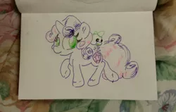 Size: 1280x813 | Tagged: safe, artist:shoeunit, derpibooru import, sweetie belle, pony, unicorn, solo, spike plushie, traditional art