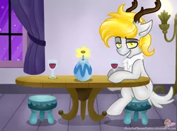 Size: 6732x4971 | Tagged: absurd resolution, alcohol, artist:raspberrystudios, crossed legs, curtain, deer, derpibooru import, drinking, flirty, glass, interior, lamp, night out, oc, oc:honey maple, restaurant, safe, seductive, solo, table, unofficial characters only, window, wine, wine glass