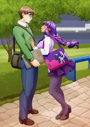 Size: 2480x3507 | Tagged: artist:kirael-art, bag, blushing, clothes, couple, crossover, crossover shipping, dark skin, derpibooru import, eye contact, folder, glasses, height difference, high heels, human, humanized, looking at each other, male, pantyhose, park, peter parker, pleated skirt, purse, ribbon, safe, self ponidox, shipping, shoes, skirt, skirt lift, socks, spider-man, spidertwi, stockings, straight, twilight sparkle, twilight sparkle (alicorn), vest