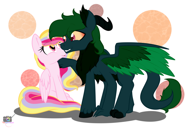 Size: 4500x3000 | Tagged: safe, artist:thenightstarlight, derpibooru import, oc, oc:aurelia charm, oc:zae fervor, unofficial characters only, alicorn, draconequus, pony, absurd resolution, alicorn oc, extra limbs, hoof on shoulder, legs, male, meme, otp, shipping, sitting, spread wings, straight, zaelia