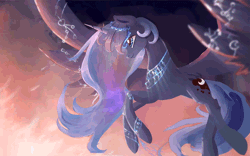 Size: 800x500 | Tagged: safe, artist:equum_amici, artist:gianghanz, derpibooru import, princess luna, alicorn, pony, absurd file size, absurd gif size, animated, cinemagraph, flying, gif, jewelry, runes, scenery, smiling, solo, too big for derpibooru, wing jewelry