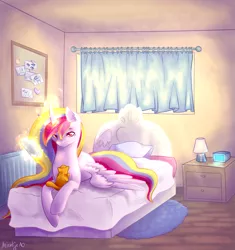 Size: 1877x2000 | Tagged: safe, artist:nienje10, derpibooru import, oc, oc:aurelia charm, unofficial characters only, alicorn, cat, pony, alicorn oc, beautiful, bed, bedroom, female, kitten, magic, mare, mobile phone, multicolored mane, phone, relaxing, snuggling, solo, spread wings