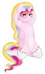 Size: 1024x1674 | Tagged: suggestive, artist:p0n1es, derpibooru import, oc, oc:aurelia charm, unofficial characters only, alicorn, pony, alicorn oc, arm behind head, armpits, clothes, folded wings, multicolored mane, open, seductive, socks, solo, spread legs, spreading