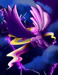 Size: 1024x1327 | Tagged: safe, artist:ego-trippin-corgi, derpibooru import, oc, oc:aurelia charm, unofficial characters only, alicorn, pony, alicorn oc, beautiful, epic, flight, large wings, lightning, magic, multicolored mane, serious, shading, solo, spread wings, wings