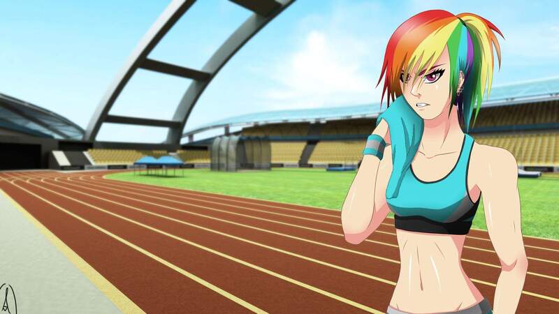 Size: 1920x1080 | Tagged: anime style, artist:ioriyokusa01, belly button, clothes, derpibooru import, human, humanized, midriff, ponytail, rainbow dash, safe, solo, sports bra, stadium, towel, track, wallpaper, wristband