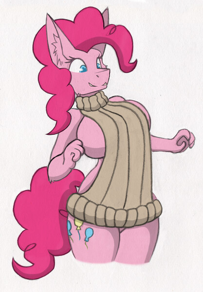 Size: 2304x3318 | Tagged: anthro, artist:radzhel, backless, breasts, busty pinkie pie, clothes, derpibooru import, female, meme, open-back sweater, pinkie pie, sleeveless sweater, solo, solo female, suggestive, sweater, traditional art, virgin killer sweater