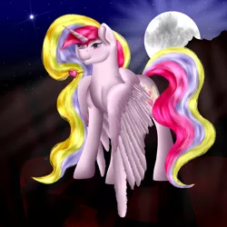 Size: 3600x3600 | Tagged: safe, artist:nightmarederpy, derpibooru import, oc, oc:aurelia charm, unofficial characters only, alicorn, pony, alicorn oc, beautiful, detailed, moon, night, night sky, solo, spread wings, wings down