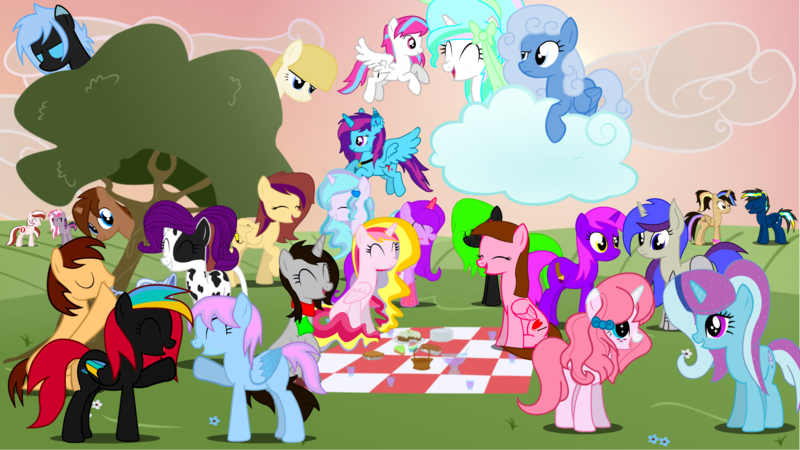 Size: 1920x1080 | Tagged: safe, derpibooru import, oc, oc:aurelia charm, oc:heartwarmer, oc:novine dazzle, oc:pink candy, ponified, unofficial characters only, alicorn, pony, alicorn oc, friends, group, group photo, happy, picnic