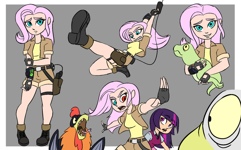 Size: 1920x1200 | Tagged: artist:smilingdogz, badass, beastmaster, cockatrice, derpibooru import, dinosaur, flutterbadass, fluttershy, grappling hook, gun, handgun, heterochromia, holster, human, humanized, implied flutterbat, monster, pipbuck, pistol, red eyes take warning, safe, slit eyes, stare, the stare, tomb raider, twilight sparkle