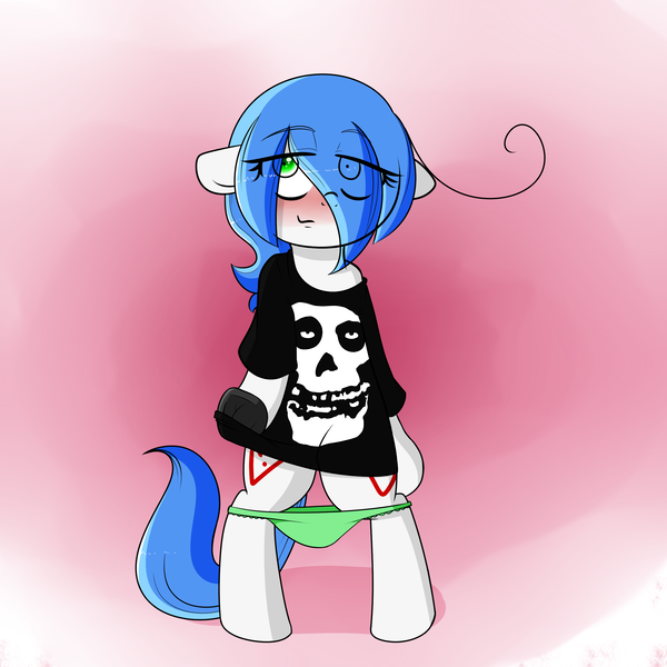 Size: 2520x2520 | Tagged: suggestive, artist:fullmetalpikmin, derpibooru import, oc, oc:mal, unofficial characters only, earth pony, pony, abstract background, bedroom eyes, bipedal, blushing, clothes, female, floppy ears, green underwear, looking at you, misfits, oversized clothes, panties, panties around legs, panties pulled down, shirt, solo, solo female, striptease, underwear