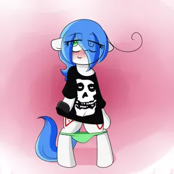 Size: 2520x2520 | Tagged: suggestive, artist:fullmetalpikmin, derpibooru import, oc, oc:mal, unofficial characters only, earth pony, pony, abstract background, bedroom eyes, bipedal, blushing, clothes, female, floppy ears, green underwear, looking at you, misfits, oversized clothes, panties, panties around legs, panties pulled down, shirt, solo, solo female, striptease, underwear