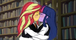 Size: 1128x596 | Tagged: safe, artist:angeltorchic, derpibooru import, sunset shimmer, twilight sparkle, equestria girls, blushing, canterlot academia, clothes, eyes closed, female, kissing, lesbian, library, making out, shipping, sunsetsparkle