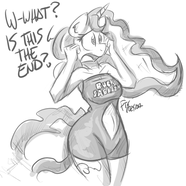 Size: 1200x1200 | Tagged: alicorn, anthro, armpits, artist:flutterthrash, belly button, black sabbath, clothes, derpibooru import, dialogue, grayscale, monochrome, navel cutout, open mouth, princess luna, safe, simple background, solo, white background