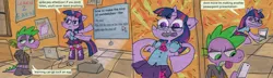 Size: 1280x368 | Tagged: safe, artist:cate wurtz, artist:lamezone, derpibooru import, spike, twilight sparkle, twilight sparkle (alicorn), alicorn, dragon, pony, semi-anthro, bipedal, cigarette, clothes, comic, computer, dialogue, equestria girls outfit, frown, glasses, laptop computer, lidded eyes, looking back, mobile phone, open mouth, phone, poster, powerpoint, projector, smartphone, spread wings, squint, stylistic suck, tongue out