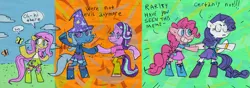 Size: 1280x449 | Tagged: safe, artist:cate wurtz, artist:lamezone, derpibooru import, fluttershy, pinkie pie, rarity, starlight glimmer, trixie, butterfly, earth pony, pegasus, pony, semi-anthro, unicorn, bipedal, clothes, dialogue, dragon ball z, equestria girls outfit, hoofbump, mobile phone, phone, smartphone, stylistic suck, vegeta, vegeta's shirt