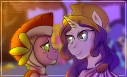 Size: 1388x847 | Tagged: safe, artist:risterdus, derpibooru import, rarity, spike, dragon, athena, clothes, commission, helmet, looking at each other, male, shipping, signature, sparity, straight, toga, warrior