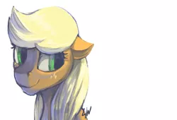 Size: 1991x1354 | Tagged: applejack, artist:risterdus, bust, derpibooru import, hatless, loose hair, missing accessory, portrait, safe, simple background, smiling, solo, white background