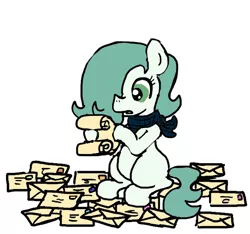 Size: 640x600 | Tagged: safe, artist:ficficponyfic, color edit, derpibooru import, edit, oc, oc:emerald jewel, unofficial characters only, earth pony, pony, colt quest, bandana, child, color, colored, colt, concerned, femboy, foal, hair over one eye, letter, mail, male, monochrome, reading, scroll, solo