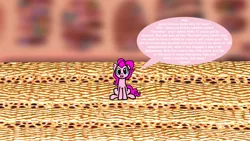 Size: 1920x1080 | Tagged: safe, artist:employeeamillion, derpibooru import, pinkie pie, earth pony, pony, ask micro pinkie pie, golden oaks library, micro, solo, speech bubble, table