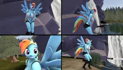 Size: 3861x2187 | Tagged: 3d, anthro, artist:scalelover, artist:shrunkenlover, breasts, busty rainbow dash, clothes, comic:bursting rainbow, derpibooru import, female, need to pee, omorashi, pegasus, plantigrade anthro, potty dance, potty emergency, potty time, rainbow dash, scenery, shorts, solo, suggestive, waterfall