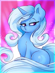 Size: 1800x2400 | Tagged: safe, artist:madacon, derpibooru import, trixie, pony, unicorn, cheek fluff, chest fluff, cute, diatrixes, ear fluff, leg fluff, lidded eyes, looking away, raised eyebrow, sitting, solo