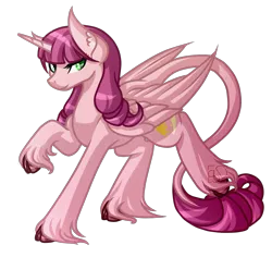 Size: 3500x3300 | Tagged: safe, artist:amazing-artsong, derpibooru import, oc, oc:dawning love, unofficial characters only, alicorn, classical unicorn, pony, alicorn oc, cloven hooves, ear fluff, leonine tail, raised hoof, simple background, solo, transparent background, unshorn fetlocks