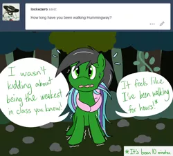 Size: 1280x1159 | Tagged: artist:hummingway, ask-humming-way, derpibooru import, dialogue, forest, oc, oc:feather hummingway, oc:swirly shells, safe, speech bubble, tumblr, tumblr comic, unofficial characters only