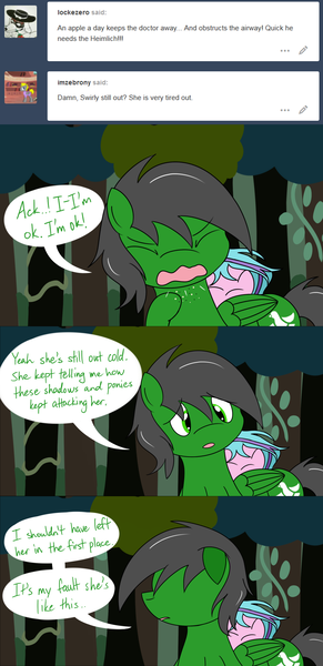 Size: 1280x2642 | Tagged: artist:hummingway, ask-humming-way, derpibooru import, dialogue, forest, oc, oc:feather hummingway, oc:swirly shells, safe, speech bubble, tumblr, tumblr comic, unofficial characters only