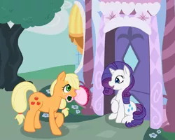 Size: 1250x1000 | Tagged: safe, artist:marikaefer, derpibooru import, applejack, rarity, earth pony, pony, unicorn, bouquet, carousel boutique, cute, female, flower, flower in mouth, lesbian, looking at each other, mouth hold, open mouth, raised hoof, rarijack, shipping, sitting, smiling, tree