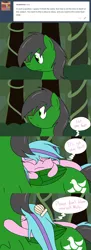 Size: 1280x3520 | Tagged: artist:hummingway, ask-humming-way, derpibooru import, dialogue, forest, oc, oc:feather hummingway, oc:swirly shells, safe, speech bubble, tumblr, tumblr comic, unofficial characters only