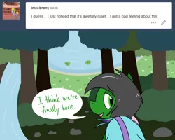 Size: 1280x1025 | Tagged: artist:hummingway, ask-humming-way, derpibooru import, dialogue, forest, oc, oc:feather hummingway, oc:swirly shells, safe, speech bubble, tumblr, tumblr comic, unofficial characters only