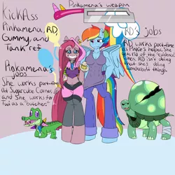 Size: 1700x1700 | Tagged: anthro, artist:reneesdetermination, belly button, derpibooru import, fanfic:cupcakes, gummy, pinkamena diane pie, pinkie pie, rainbow dash, semi-grimdark, suggestive, tank, unguligrade anthro