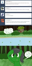 Size: 1280x2611 | Tagged: artist:hummingway, ask-humming-way, derpibooru import, dialogue, forest, lake, oc, oc:feather hummingway, safe, speech bubble, tumblr, tumblr comic, unofficial characters only