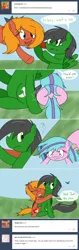 Size: 1280x4046 | Tagged: absurd resolution, artist:hummingway, ask-humming-way, derpibooru import, dialogue, exclamation point, lake, oc, oc:feather hummingway, oc:swirly shells, oc:terra, safe, speech bubble, tumblr, tumblr comic, unofficial characters only