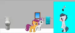 Size: 1662x740 | Tagged: safe, derpibooru import, rumble, scootaloo, sweetie belle, pony creator, blushing, covering, embarrassed, female, male, mirror, rumbelle, rumble gets all the fillies, rumbloo, shipping, shower, straight, toilet, towel, we don't normally wear clothes