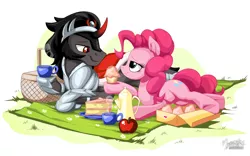Size: 2560x1600 | Tagged: safe, artist:mysticalpha, derpibooru import, king sombra, pinkie pie, earth pony, pony, unicorn, apple, armor, basket, cake, cape, clothes, colored horn, crack shipping, cupcake, curved horn, cute, diapinkes, drink, female, food, horn, lidded eyes, looking at each other, male, mare, picnic, picnic basket, picnic blanket, plate, prone, shipping, smiling, sombra's horn, sombradorable, sombrapie, stallion, steam, straight, tea, teacup, teapot, underhoof