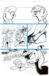 Size: 644x1000 | Tagged: safe, artist:andypriceart, derpibooru import, idw, bon bon, lyra heartstrings, sweetie drops, earth pony, pony, unicorn, spoiler:comic, spoiler:comicannual2017, spoiler:guardians of harmony, comic, duo, floppy ears, gritted teeth, guardians of harmony, looking at each other, nose wrinkle, open mouth, partial color, prone, raised hoof, traditional art, underhoof