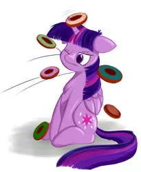 Size: 2904x3550 | Tagged: safe, artist:greenfinger, derpibooru import, twilight sparkle, twilight sparkle (alicorn), alicorn, pony, donut, floppy ears, food, one eye closed, ring toss, simple background, sitting, solo, unamused, white background