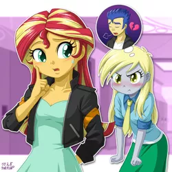 Size: 1000x1002 | Tagged: safe, artist:uotapo, derpibooru import, derpy hooves, flash sentry, sunset shimmer, equestria girls, angry, blushing, canterlot high, clothes, colored pupils, confused, derpy the shipper, duo, eyes closed, female, grumpy, hallway, heart, heartbreak, jacket, lockers, looking back, male, necktie, open mouth, puffy cheeks, school, shipper on deck, signature, skirt, sweat, sweatdrop, thought bubble