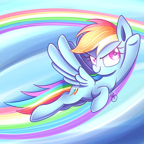 Size: 2000x2000 | Tagged: safe, artist:soloya64, derpibooru import, rainbow dash, pegasus, pony, cute, dashabetes, female, flying, looking at you, mare, rainbow trail, signature, smug, solo, spread wings